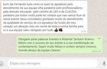 O DEPOIMENTO DO EVANDRO FOI DE EMOCIONAR A EQUIPE. TODOS FICARAM ENTUSIASMADOS COM OS ELOGIOS, AINDA SABENDO QUE O SERVIÇO FOI MUITO BEM PRESTADO EM MAIS ESSE SERVIÇO DE BUFFET